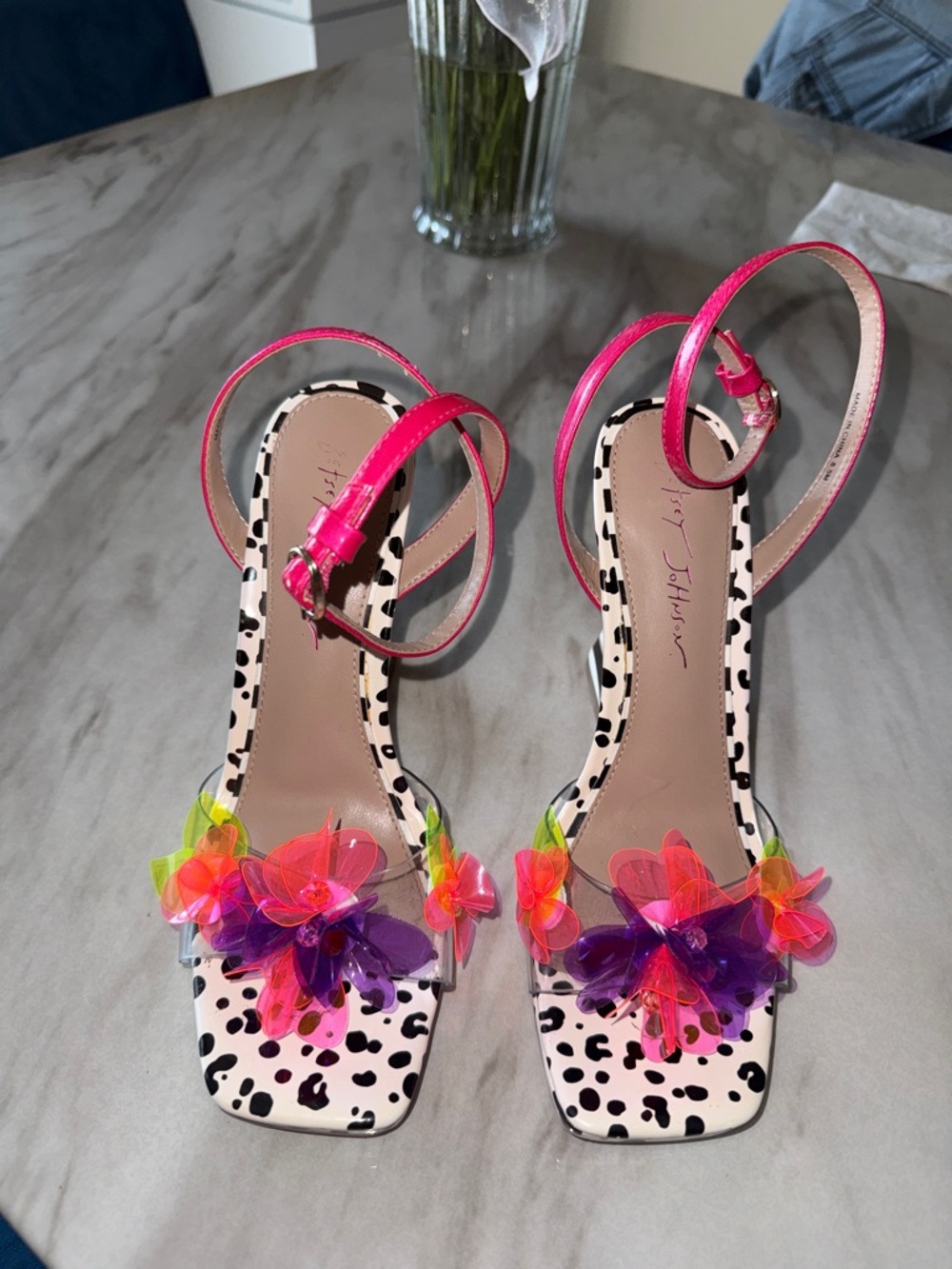 Betsey Johnson Neon Floral Appliqué Pink Ankle-Strap Heels